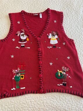 Holiday Editions Christmas Sweater Vest Women XL Reindeer Santa Sequins Red